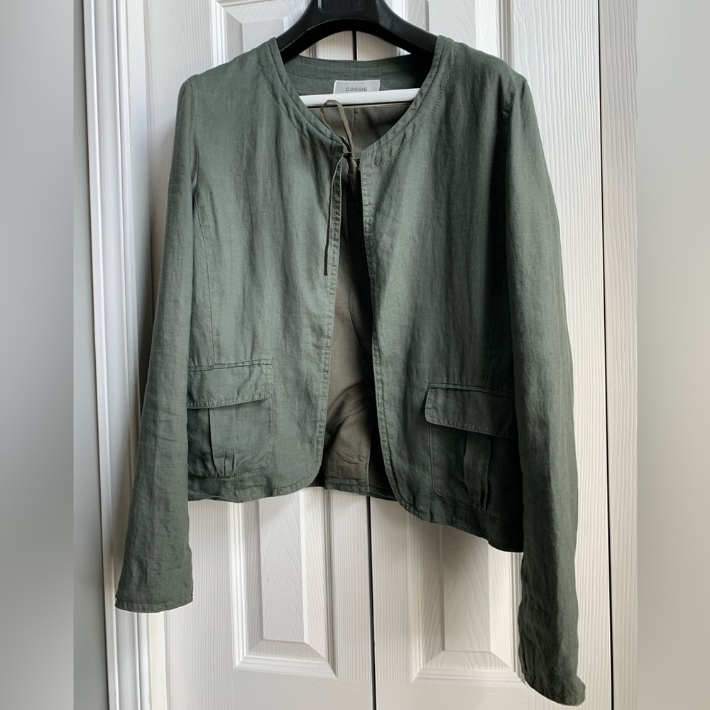 Caslon Open-Front Olive Green Linen Blend Jacket